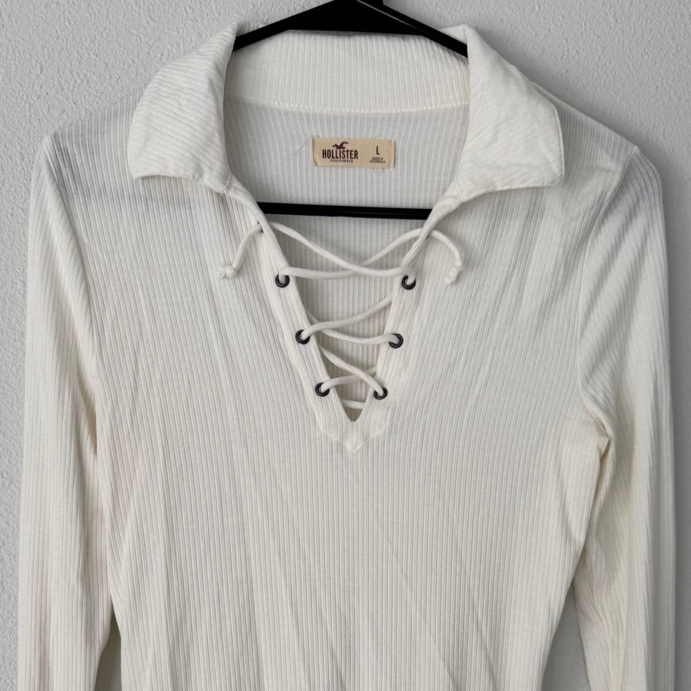 Hollister Lace Up Ribbed Top Cream Long Sleeve Collared Soft Girl Preppy Size L